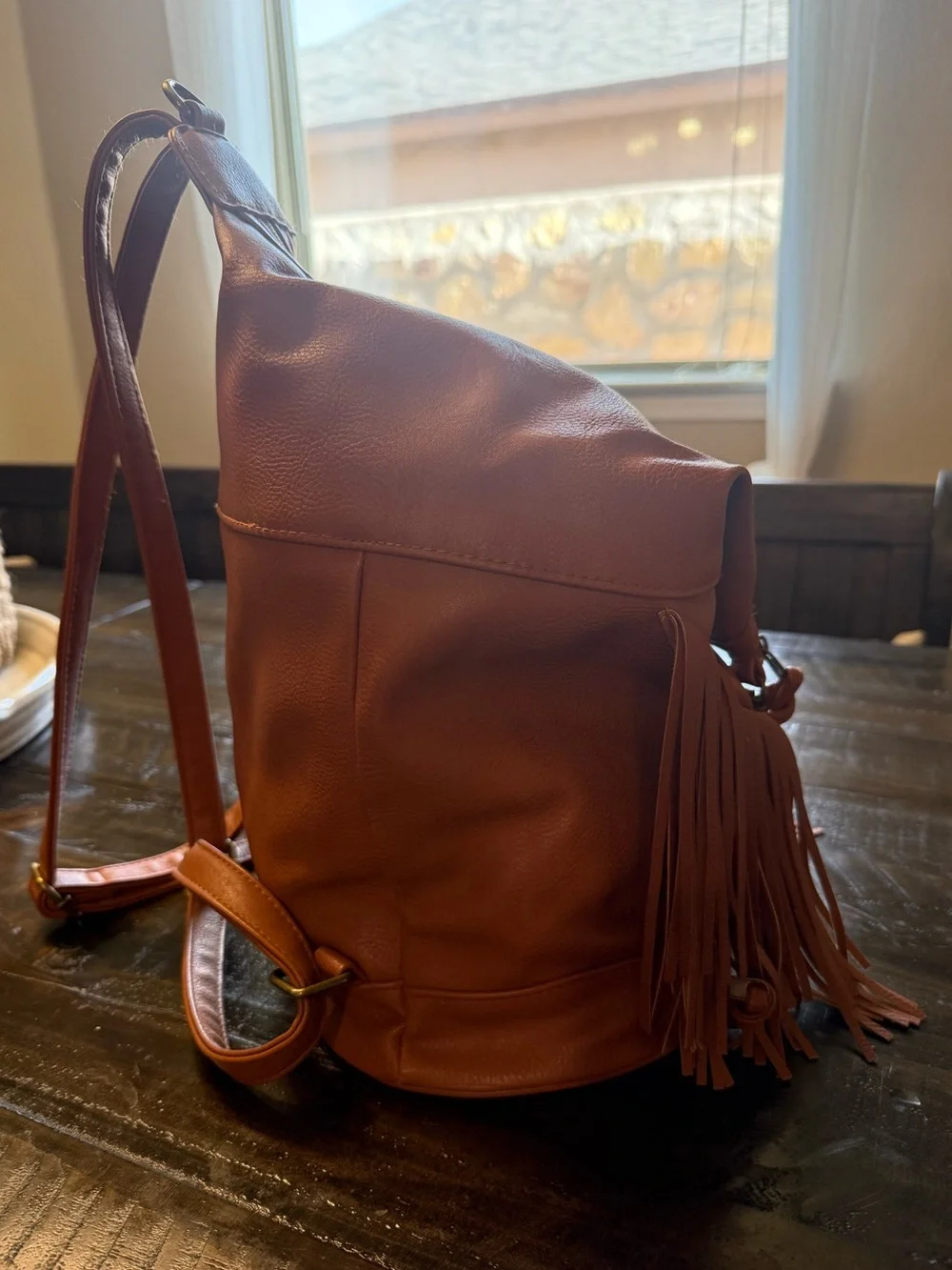 Fringe Convertible Women’s Backpack - Tan Pleather